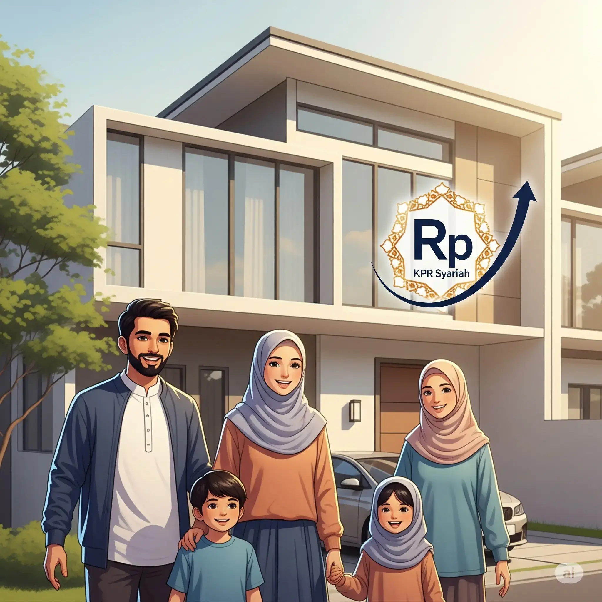 Ilustrasi keluarga Muslim di depan rumah dengan simbol KPR Syariah