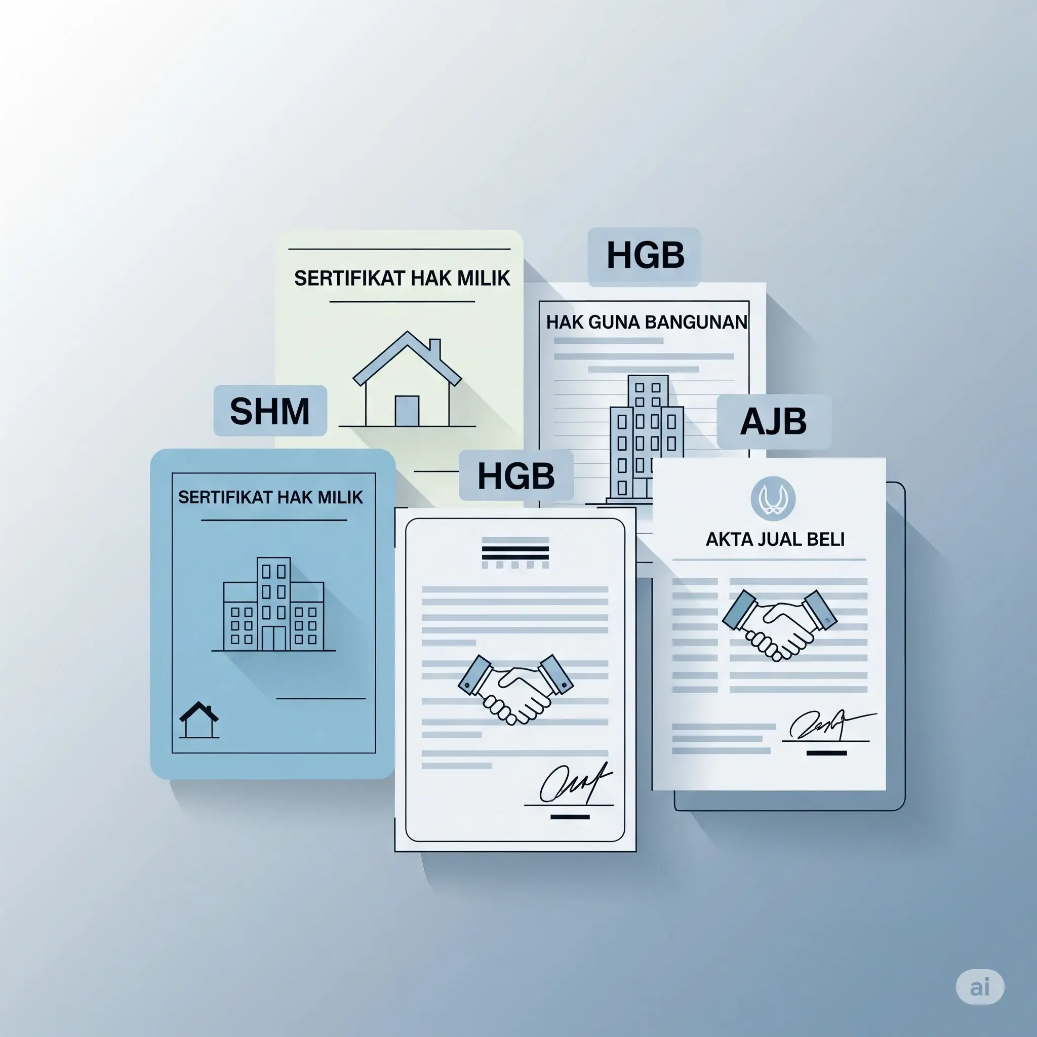 Ilustrasi berbagai jenis sertifikat properti: SHM, HGB, AJB dan dokumen legalitas lainnya
