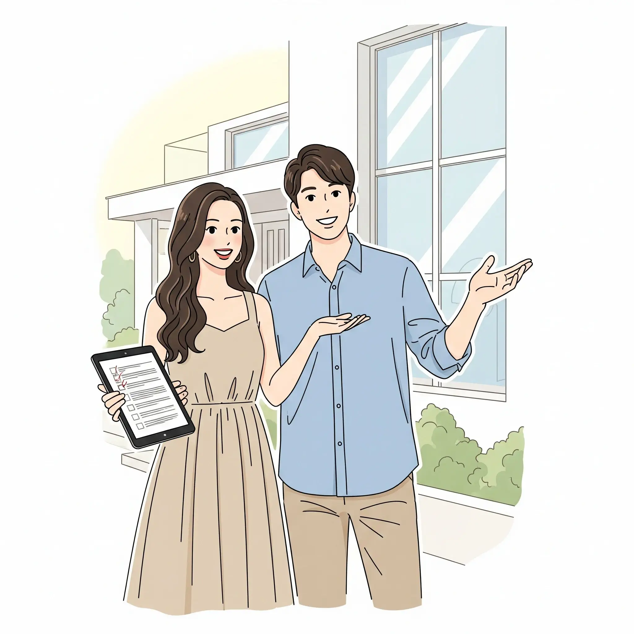Ilustrasi sepasang suami istri sedang melakukan survey rumah dengan daftar pertanyaan di tangan