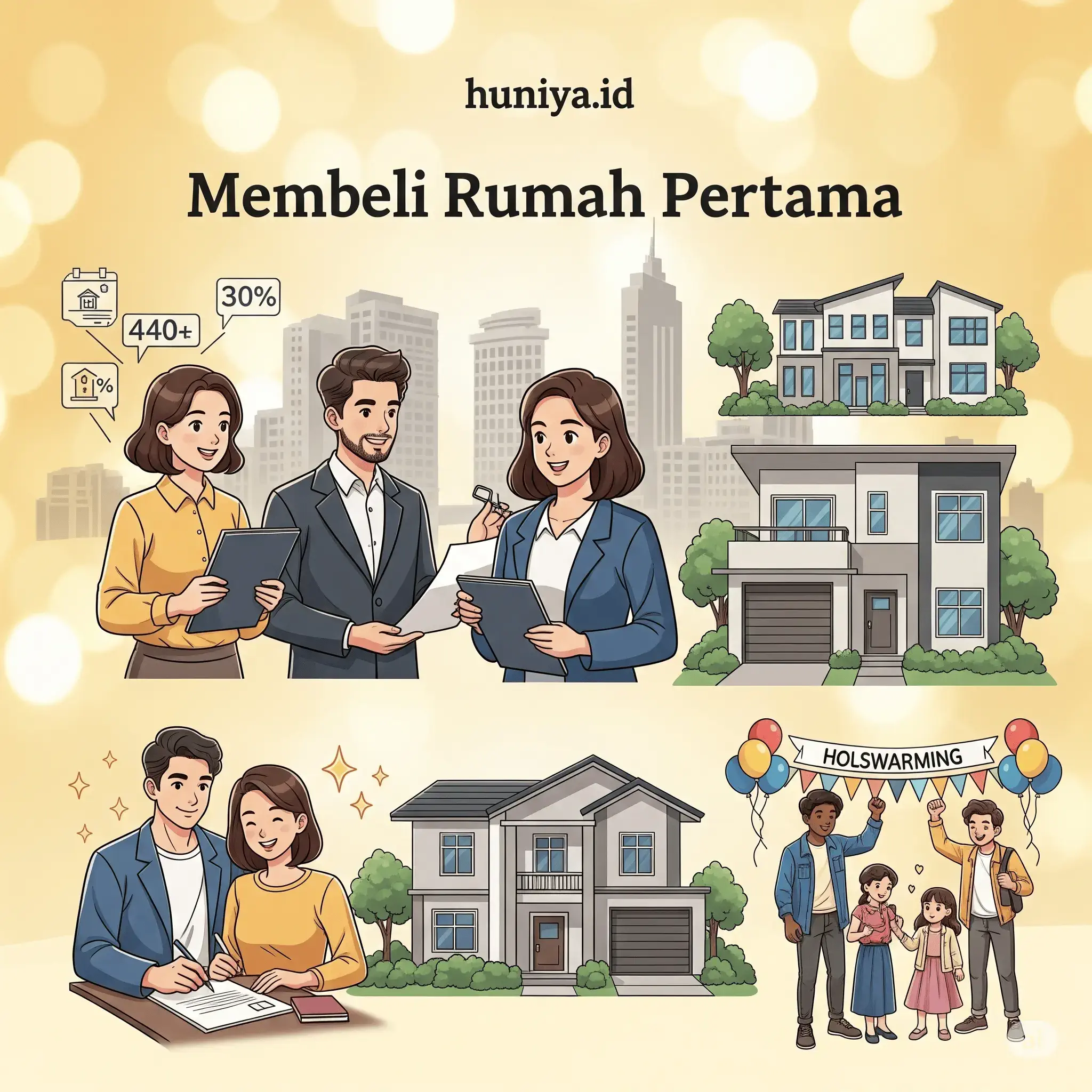Ilustrasi keluarga memegang kunci rumah pertama